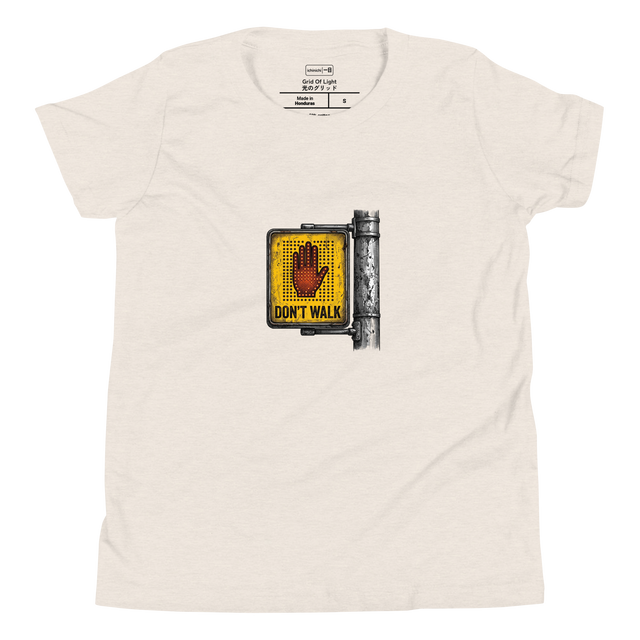 Cross-hatch ink illustration of a rusted yellow digital sign featuring an LED light grid forming a reddish-orange hand on a Youth T-Shirt.