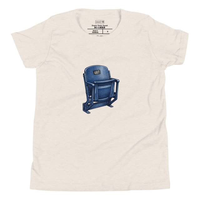 A hand-drawn color pencil illustration of an old school folded stadium seat printed on a Youth T-Shirt.
