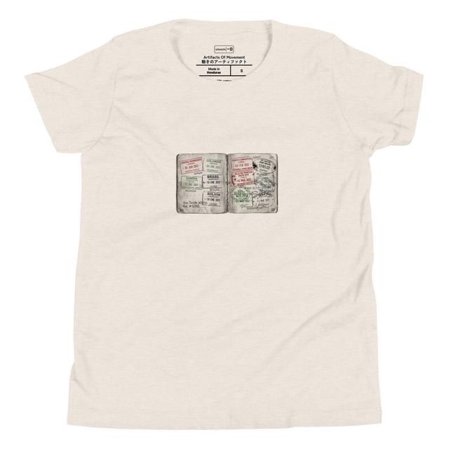 Hand-drawn color pencil illustration of faded passport visa stamps on a Youth T-Shirt