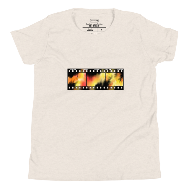 Film Burn graphic on Youth T-Shirt showcasing saturated marker bleeds.