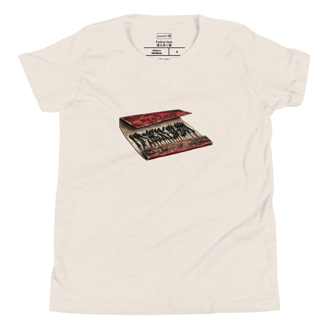 Detailed cross-hatch ink illustration of an open paper matchbook with charred paper matches printed on a Youth T-Shirt.