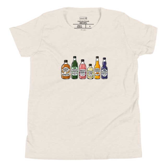 Graphic of multiple colorful kombucha bottles in brush pen style on a Youth T-Shirt.