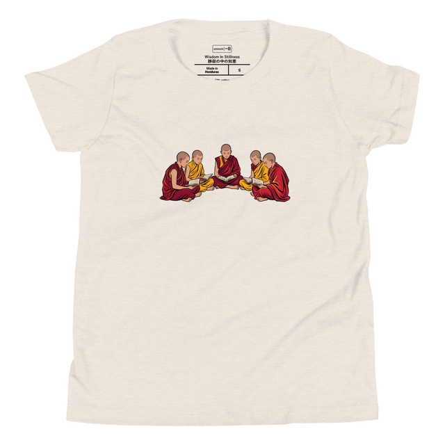 Youth T-Shirt displaying an illustration of young faceless monks studying in deep red and vivid yellow robes.
