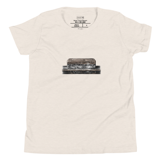 Youth T-Shirt with an illustration of a dusty chalkboard eraser drawn with cross-hatch colored pencils.
