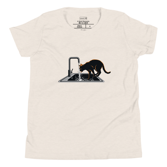 Graphic brush illustration of a cat silhouette drinking from a running sink with slight orange highlights on a Youth T-Shirt.