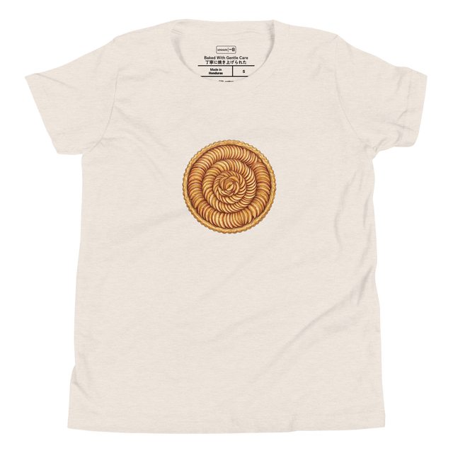 Youth T-Shirt with a colored pencil illustration of an overhead view of a French apple tart showing concentric apple slices.