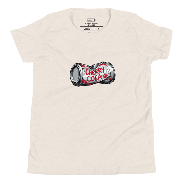 Heavy marker illustration of a crushed silver soda can with red cherry cola lettering on a youth t-shirt.