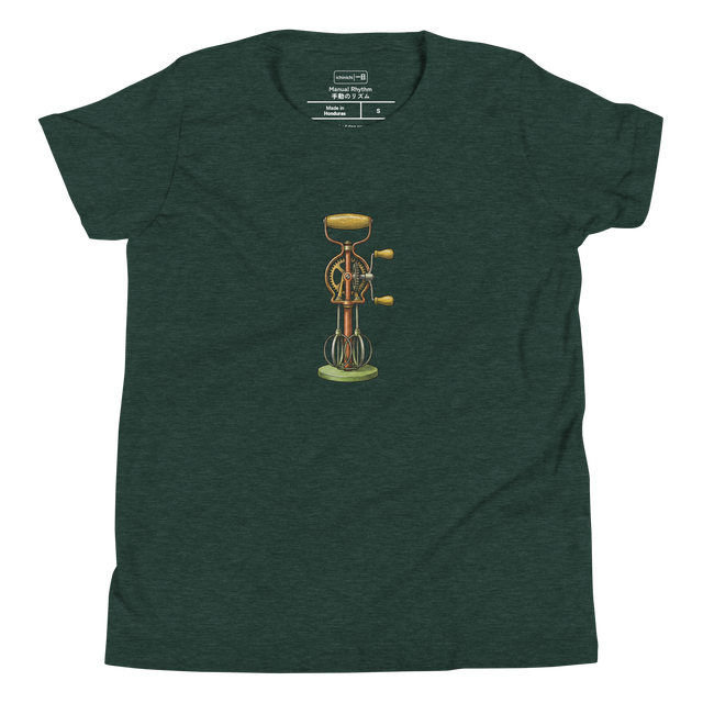 A horizontal vintage hand-mixer illustrated in 1970s colored pencil style on a Youth T-Shirt.