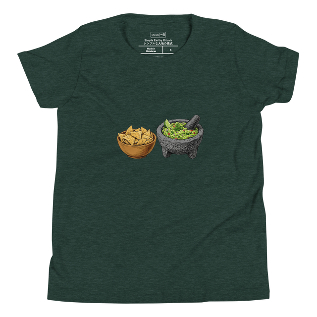 Youth T-Shirt featuring a hand-drawn color pencil artwork of guacamole in a mortar and chips.