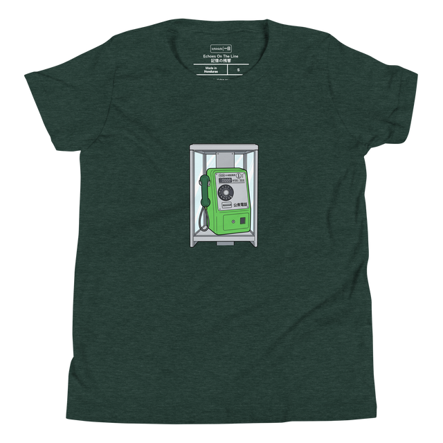 Graphic marker illustration of a classic green Japanese public telephone on a youth t-shirt.