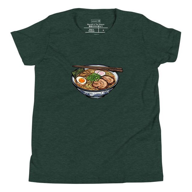Colorful brush pen illustration of a pork ramen bowl with chopsticks resting across the rim, printed on a Youth T-Shirt.