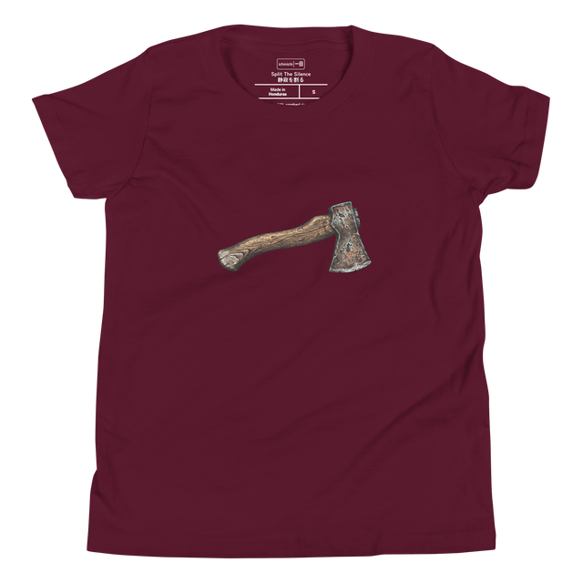 A minimalist cross-hatch ink drawing of a hatchet on a Youth T-Shirt.