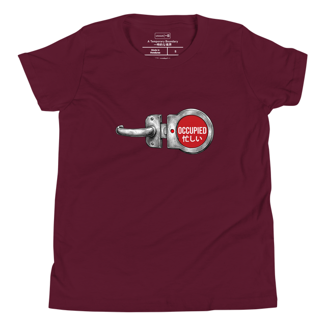 Youth T-Shirt featuring a cross-hatch ink drawing of a sliding door lock with a solid red occupied indicator and Japanese text.