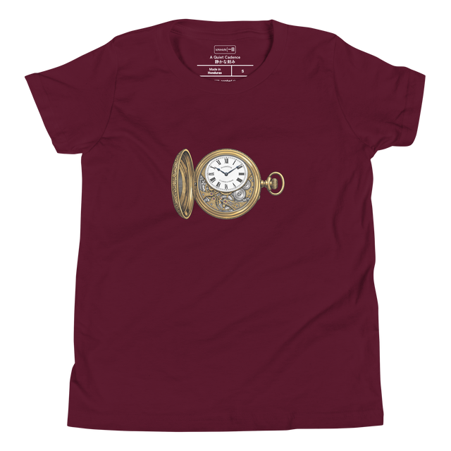 Detailed gold and silver pocket watch drawn in technical cross-hatch style. Youth T-Shirt.