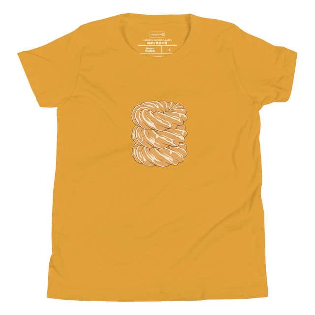 Hand-drawn illustration of three stacked French crullers on a Youth T-Shirt