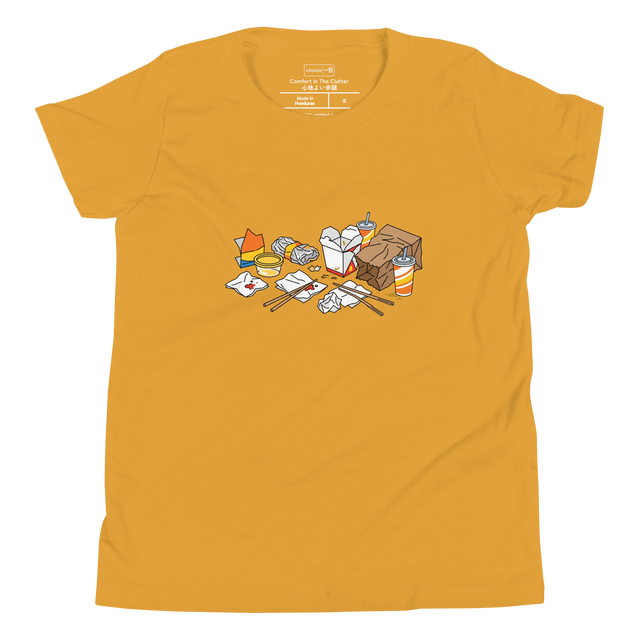 Youth T-Shirt featuring a simple, vibrant line drawing of crumpled takeout food bags, boxes, and chopsticks.