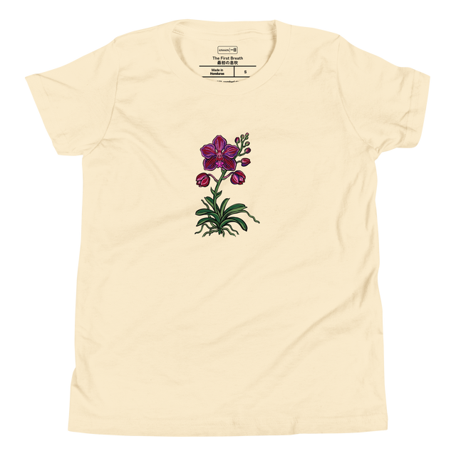 Colorful orchid blossom and buds brush pen art on a Youth T-Shirt.
