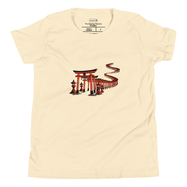 A professional digital illustration of red and orange torii gates in clean paint brush style on a Youth T-Shirt.