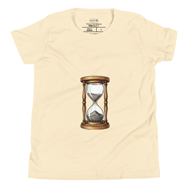 Cross-hatch ink illustration of an hourglass with wooden frame on a youth t-shirt.