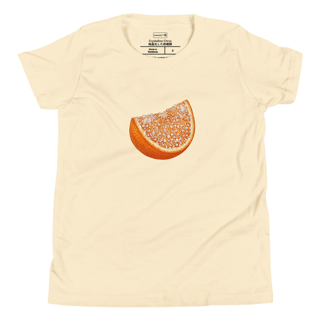 A minimalist youth t-shirt featuring a cross hatch colored pencil illustration of a vibrant sugared orange slice.