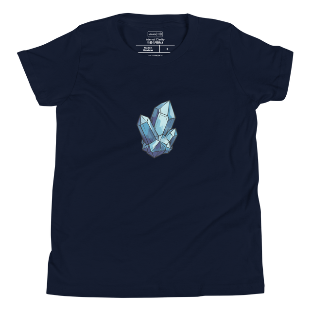 Geometric blue quartz crystal design for youth t-shirt in blue ink wash.