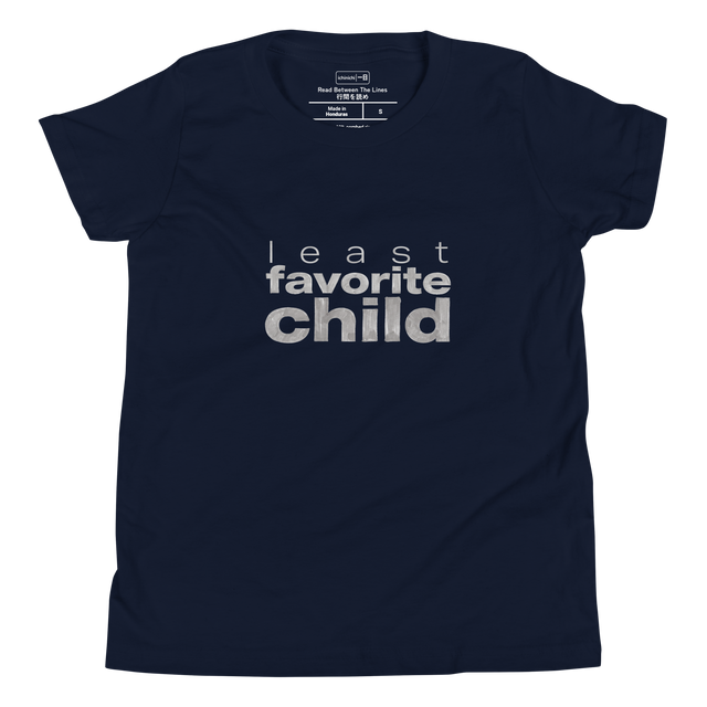 Youth T-Shirt featuring stacked handwritten ink text reading least favorite child with varying line weights and sizes.