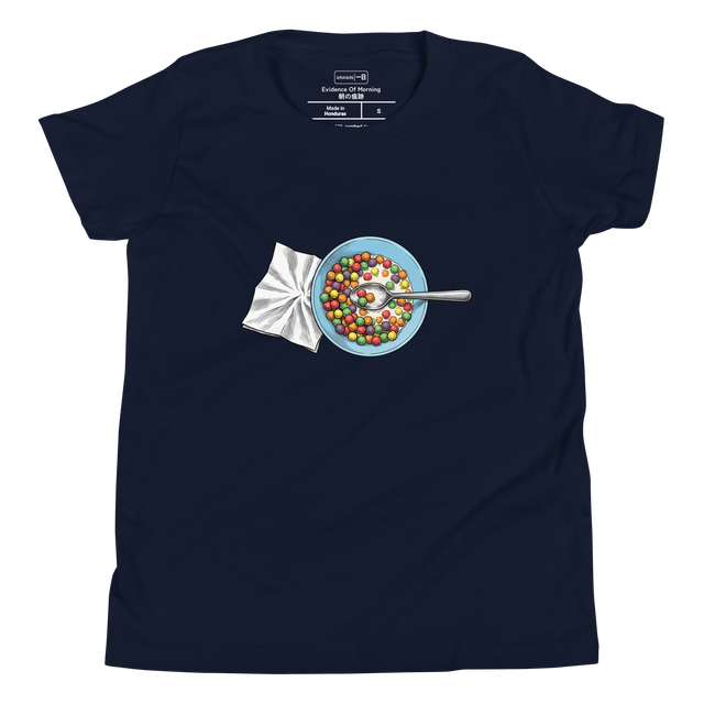 Youth T-Shirt with an ink drawing of a light blue bowl of colorful cereal and a crumpled napkin from a bird's-eye view.