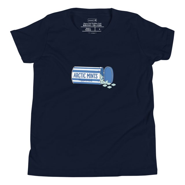 Colored pencil drawing of an open silver and blue striped tin with spilled white mints. Youth T-Shirt.
