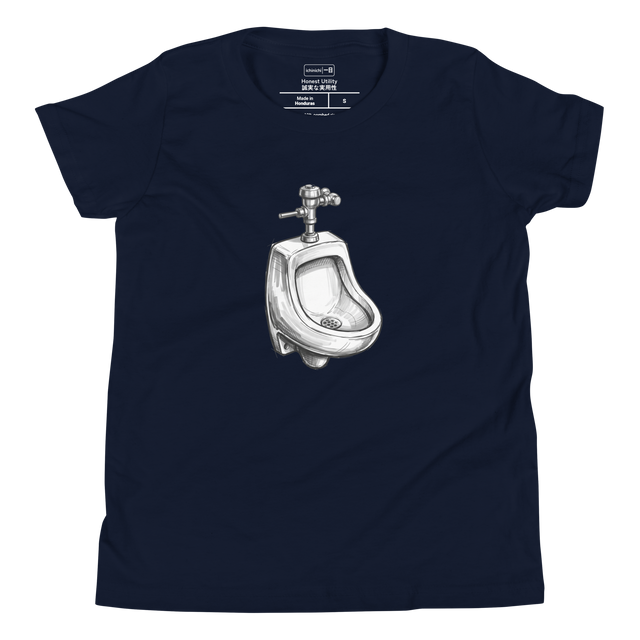 Black and silver marker illustration of a porcelain urinal on a Youth T-Shirt.