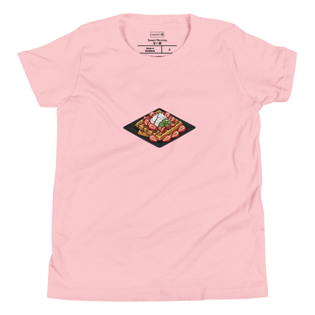 Youth short sleeve t-shirt featuring a brush pen graphic of waffles with strawberries and whipped cream on a black plate.
