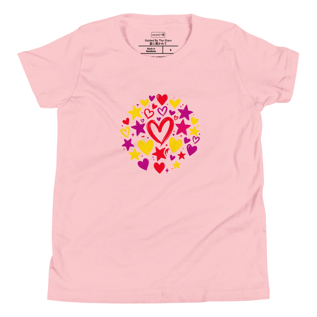 Youth T-Shirt displaying smooth painted illustrations of vibrant hearts and bright yellow stars.