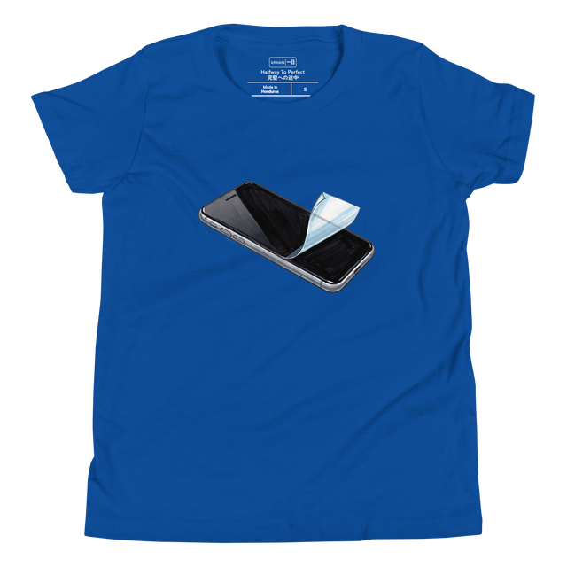 Youth T-Shirt with a marker illustration of an unbranded black phone showing the protective plastic peeled halfway down the screen.