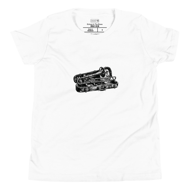 Charcoal sketch artwork of a weathered trombone vertically resting in a case on a Youth T-Shirt.