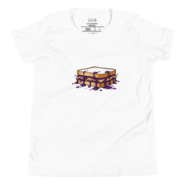 Youth T-Shirt featuring a full color marker illustration of a peanut butter and jelly sandwich with overflowing grape jelly.