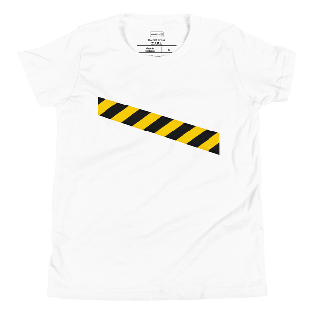 Youth T-Shirt with painted yellow and black diagonal caution tape stripes.