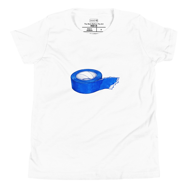 Youth T-Shirt featuring a marker illustration of blue painters tape with torn edges.
