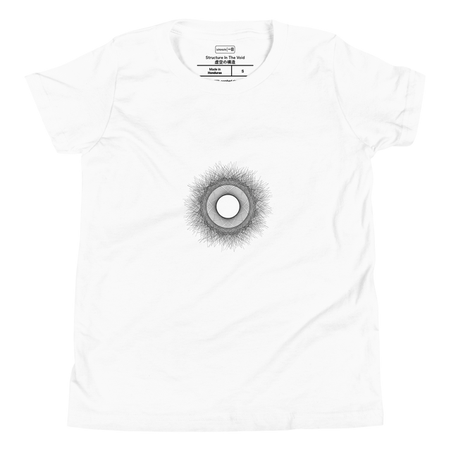 Absolute Tangent sharp architect ink black only overlapping tangents creating an emergent circle on a Youth T-Shirt.