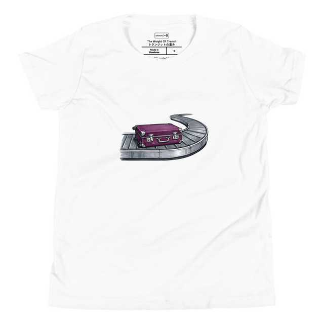 Solitary Arrival graphic of a deep purple suitcase on a carousel, Youth T-Shirt