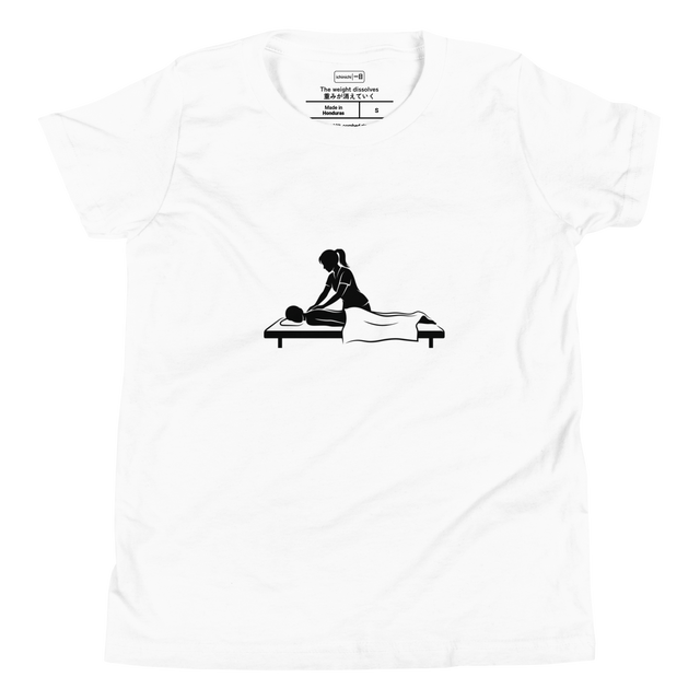 Youth T-Shirt showing a minimalist black silhouette of a masseuse with a ponytail giving a Swedish massage using clean, flowing brush lines.